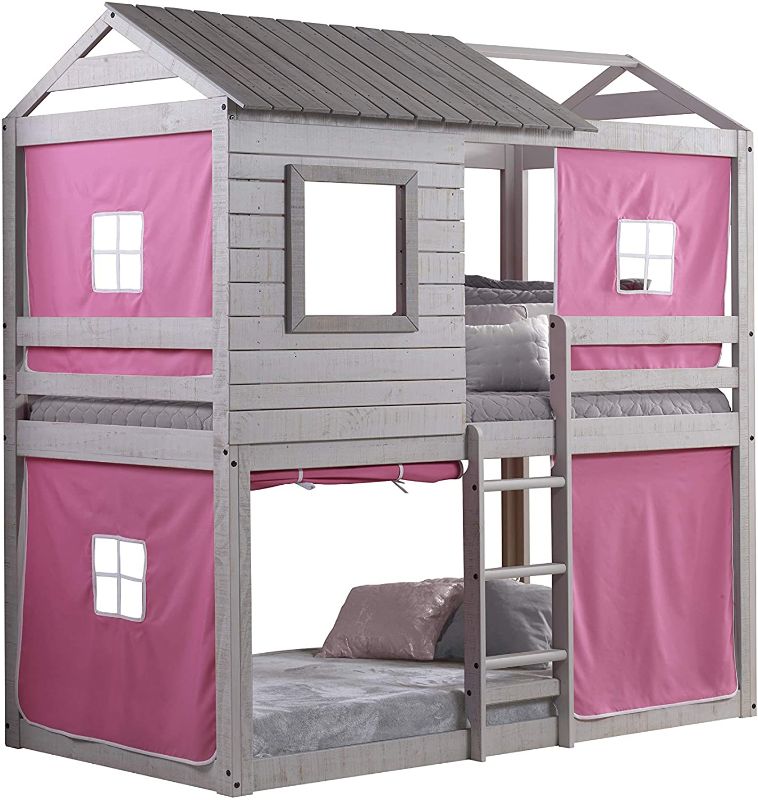 Photo 1 of DONCO kids Stag Bunk Bed with Pink Tent, Twin/Twin, Light Gray Complete Set