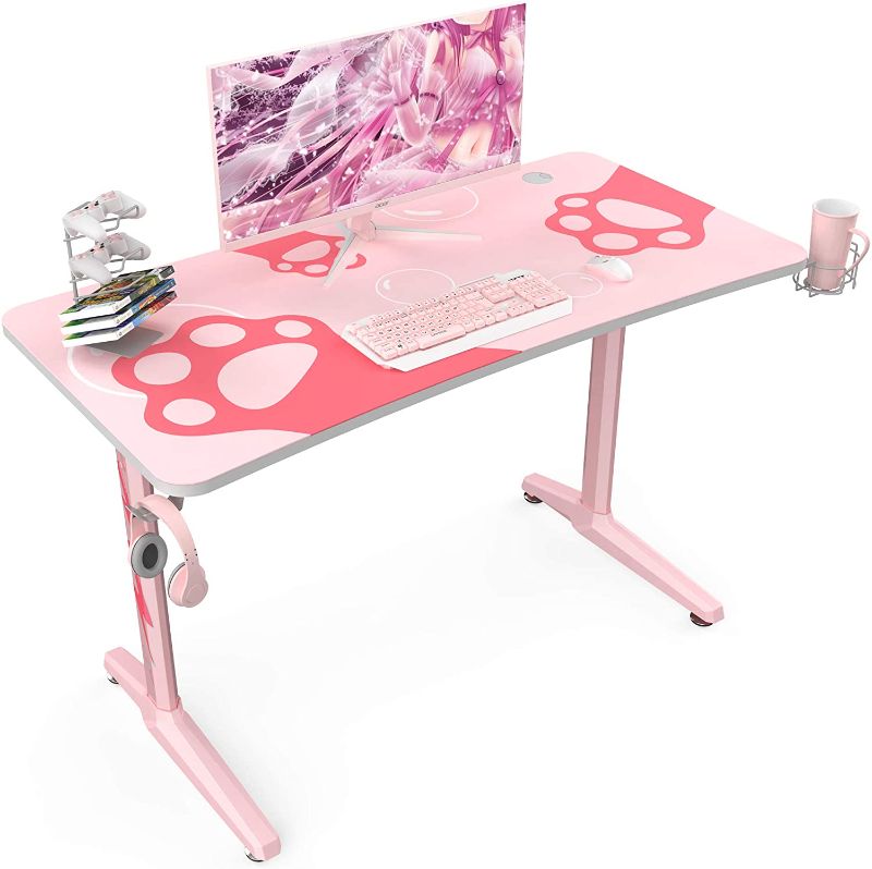 Photo 1 of ERGONOMIC Gaming Desk, 47" I-Shaped Pink Computer Desk for Gaming, Home Office Desk with Cup Holder and Headphone Hook, Gaming Table, Pink