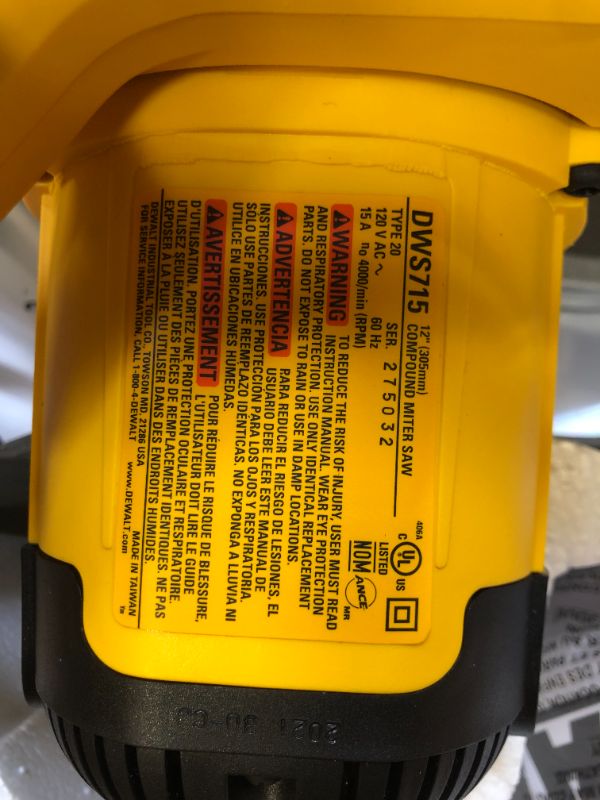 Photo 6 of DeWALT DWS715 120V 12 Inch 15 Amp Electric Single Bevel Compound Miter Saw