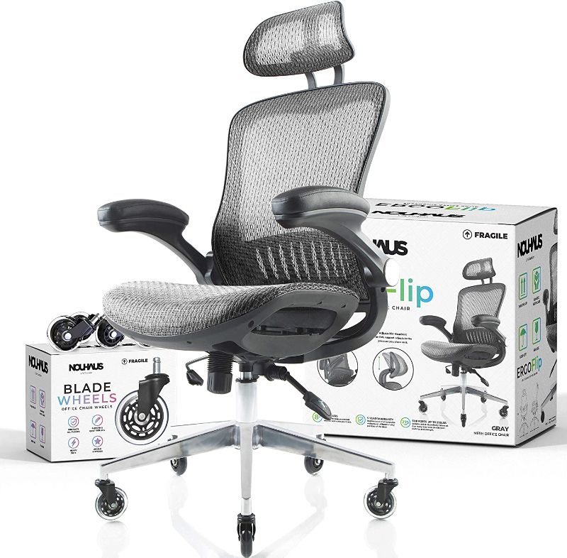 Photo 1 of NOUHAUS ErgoFlip Mesh Computer Chair - Grey Rolling Desk Chair with Retractable Armrest and Blade Wheels Ergonomic Office Chair, Gaming Chairs, Executive Swivel Chair/High Spec Base