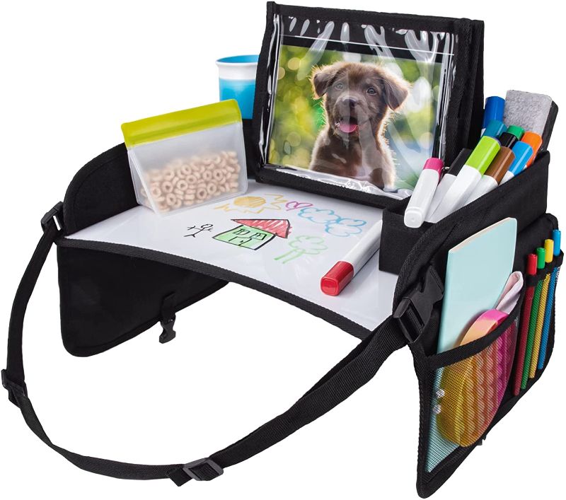 Photo 1 of Lusso Gear: Kids Travel Tray with Dry Erase Board, No Drop Tablet Holder, Travel Desk with Cup Holder, Storage Pockets for Snacks and Toys, Fits Airplane and Booster Seats (Black)
