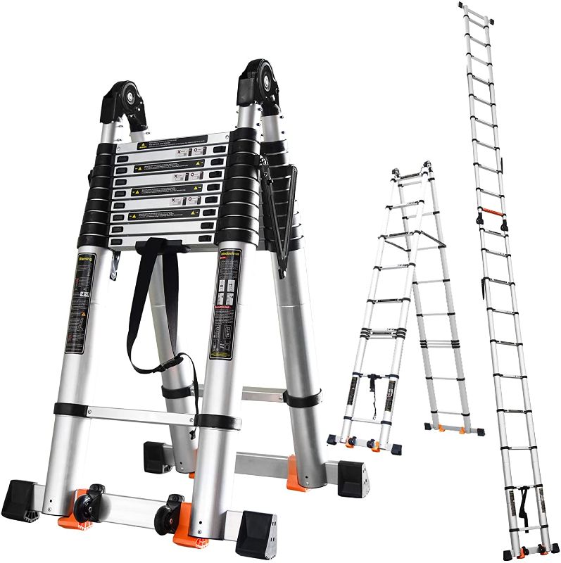 Photo 1 of 26ft/8m Telescoping Ladder w. Stabilizer/Wheels/Cargo Hold,Folding Aluminum A Frame Extension Ladder 9+9 Step Ladders for Home,Compact Portable Collapsible Ladder for Industrial,330lbs Capacity
