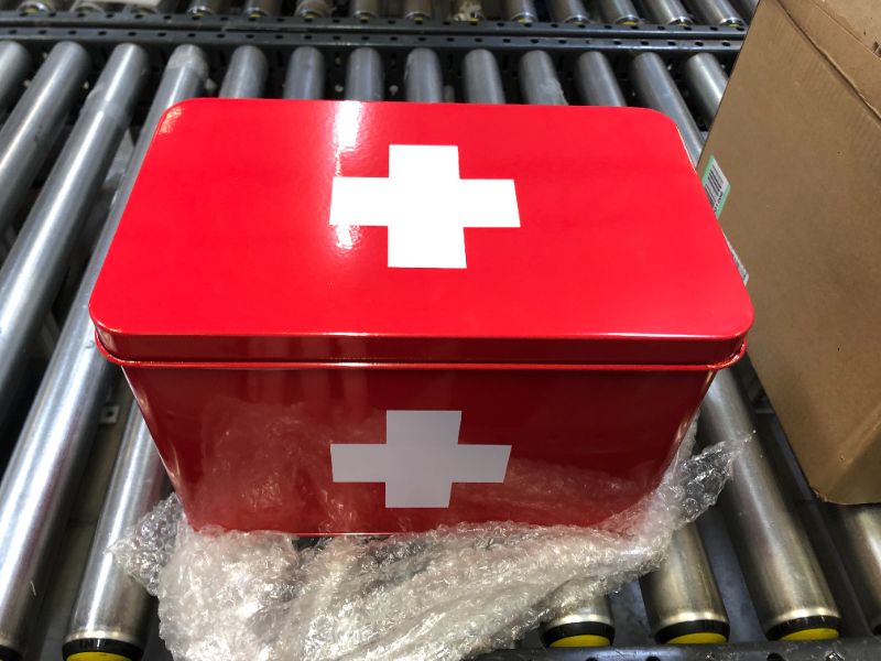Photo 1 of  Vintage First aid Box for Home, Medicine Tin, Red Metal Medicine Storage Box