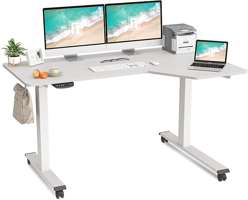 Photo 1 of FEZIBO L-Shaped Electric Standing Desk, 55 Inch Height Adjustable Stand up Table, Sit Stand Desk with Splice Board, White Frame/White Top
