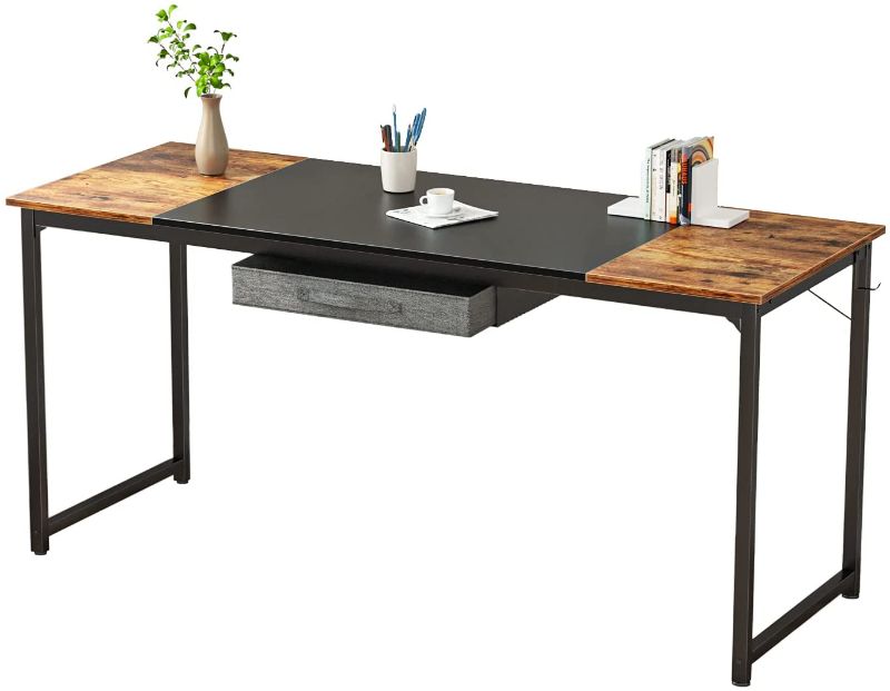 Photo 1 of CubiCubi Computer Desk with Drawer 63" Study Writing Table for Home Office, Modern Simple Style PC Desk with Splice Board, Black Metal Frame, Black and Rustic Brown
