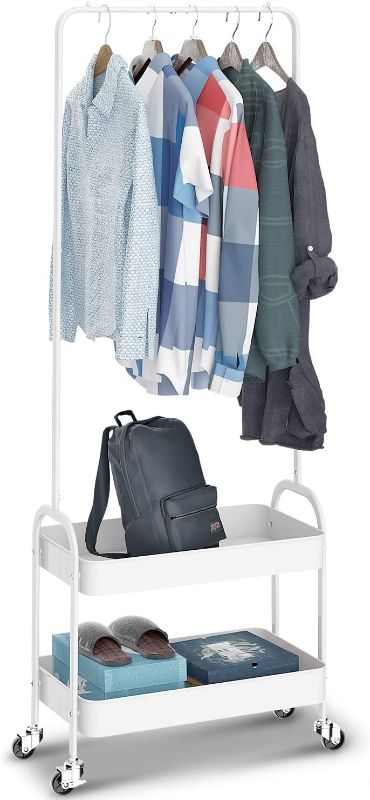 Photo 1 of KINGRACK 2-in 1 Garment Rack, Clothing Rack with 2 Tier Metal Basket, Rolling Storage Cart Clothes Organizer Coat Rack Storage Stand on Wheels, for Home Bedroom Laundry Small Place Entryway, WHITE
