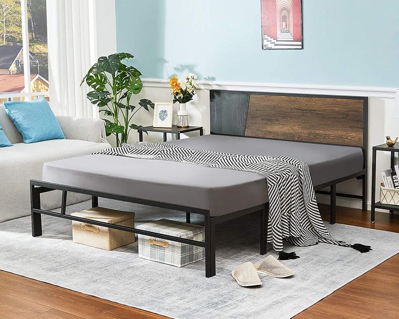 Photo 1 of Alecono Heavy Duty FULL SIZE Metal Bed Frame with Wood Headboard, Non-Slip Sturdy Steel Bed Platform Mattress Foundation No Box Spring Needed, Black
