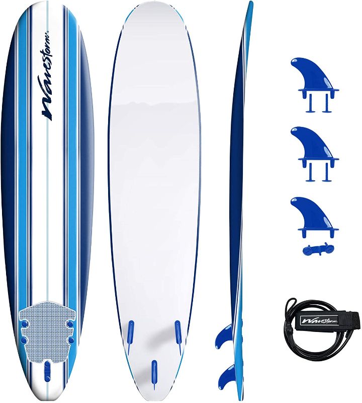 Photo 1 of Wavestorm 8ft Classic Longboard Surfboard (Blue Stripes) (AZ21-WSSF800-PIN-1PK)
