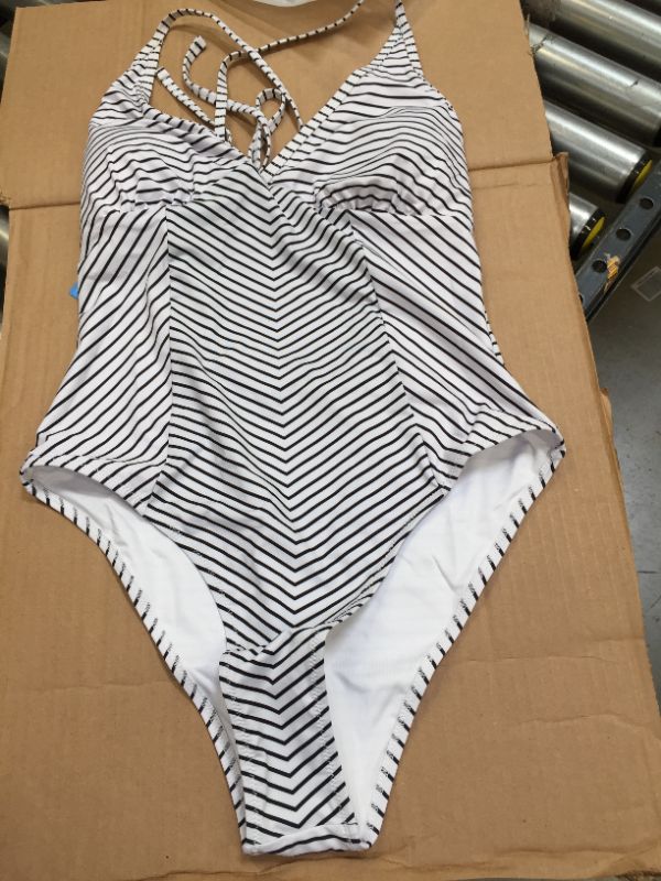 Photo 1 of BLACK AND WHITE STRIPE V-NECK ONE PIECE SWIMSUITD
SIZE: XL