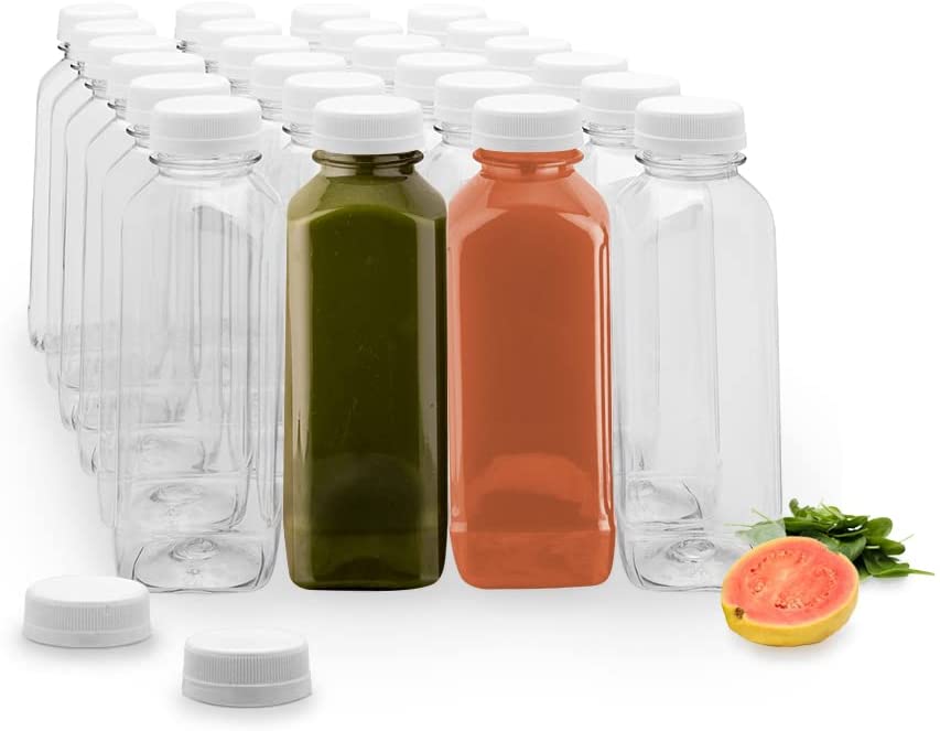 Photo 1 of 16-OZ Square Plastic Juice Bottles - Cold Pressed Clear Food Grade PET Bottles with Tamper Evident Safety Cap: Perfect for Juice Shops, Cafes and Catering Events - Disposable and Eco-Friendly - 100-CT