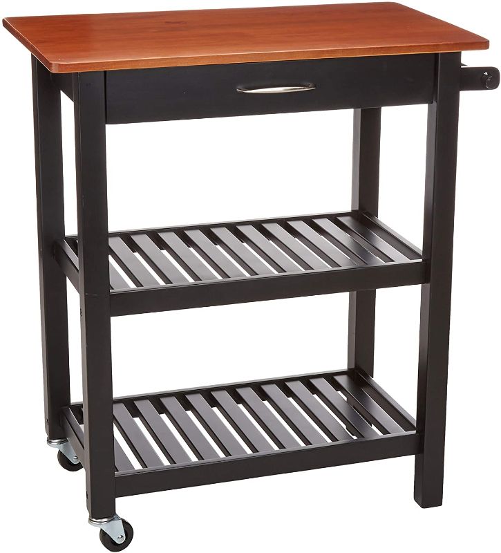 Photo 1 of Amazon Basics Kitchen Island Cart with Storage, Solid Wood Top and Wheels - Cherry / Black
(( OPEN BOX ))
** MISSING PARTILA HARDWARE **