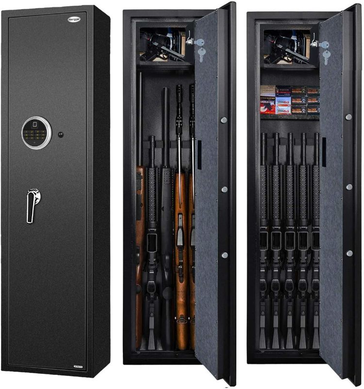 Photo 1 of Langger Biometric Rifle Gun Safe, Quick Access 5-Gun Large Improved Fingerprint Shotgun Security Cabinet for Rifle Shotgun w/o Scopes with Pistol Lock Box,Removable Storage Shelf (New Biometric Safe)
