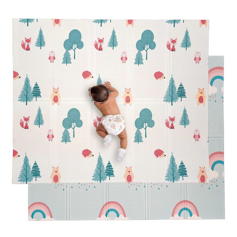 Photo 1 of JumpOff Jo - Large Waterproof Foam Padded Play Mat for Infants, Babies, Toddlers, Play & Tummy Time, Foldable Activity Mat, 70 in. x 59 in. - Woodland Rainbow
