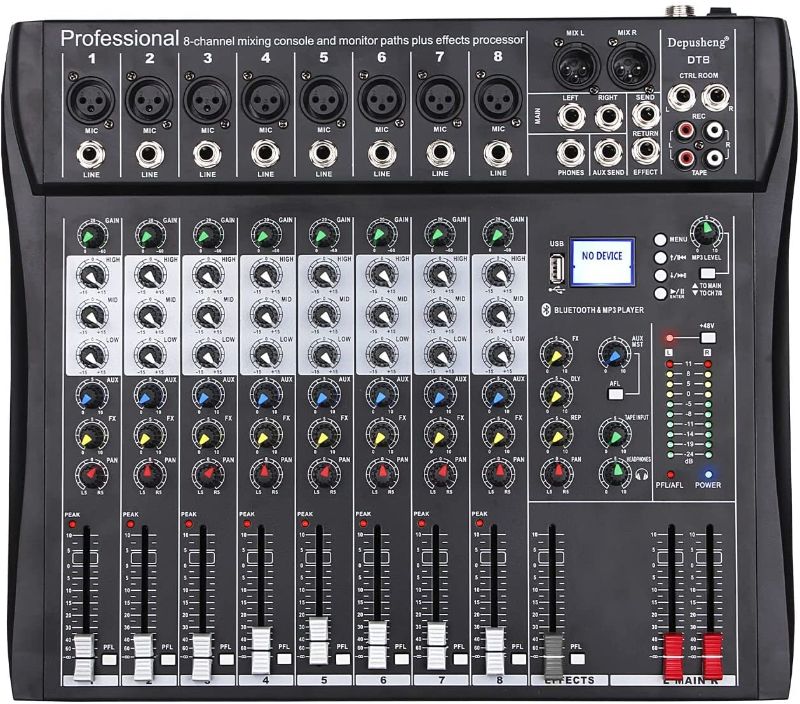 Photo 1 of Depusheng DT8 Professional Mixer Sound Board Console 8 Channel Desk System Interface Digital USB Computer MP3 Input 48V Phantom Power Stereo DJ Studio FX Steel Chassis,Black
