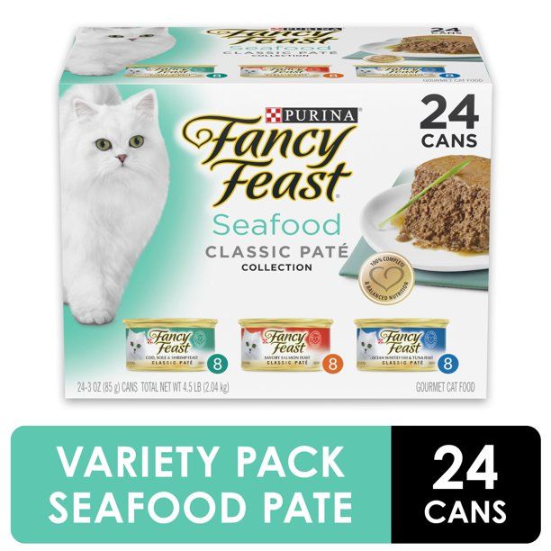 Photo 1 of (24 Pack) Fancy Feast Grain Free Pate Wet Cat Food Variety Pack, Seafood Classic Pate Collection, 3 oz. Cans EXP AUG/.23
