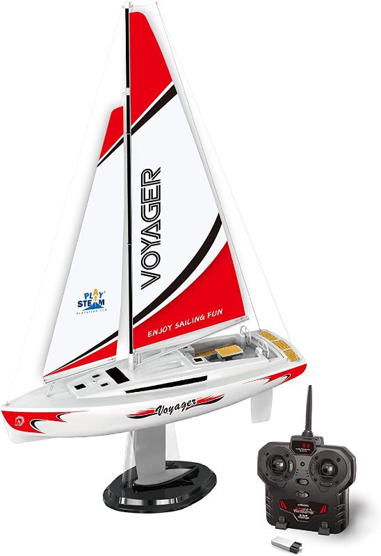 Photo 1 of PLAYSTEM Mini Voyager 280 RC Controlled Wind Powered Sailboat in Blue - 14" Tall
