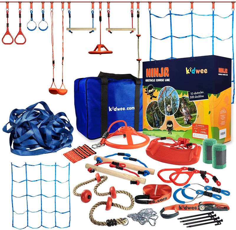 Photo 1 of Ninja Warrior Obstacle Course for Kids Outside with Swing Set - 50ft Ninja Slackline - 51 pcs - Hanging Activities Accessories, Monkey Bars & Playground Sets for Backyard - Outdoor Playsets by kidwee
