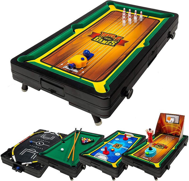 Photo 1 of Franklin Sports Table Top Sports Game Set - 5-in-1 Sports Center Indoor Sports Games - Tabletop Soccer, Basketball, Hockey, Bowling + Pool
(( OPEN BOX ))
** MISSING ACCESSORIES **