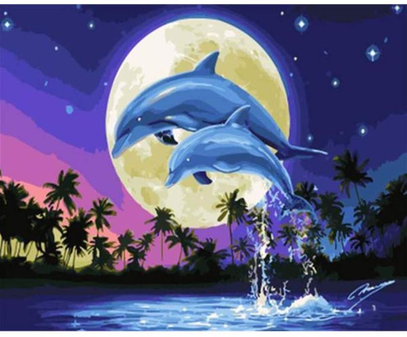 Photo 1 of Paint by Number Kits 16x20 Inch Paintworks Acrylic DIY Oil Painting for Kids and Adults Beginner - Dolphins in The Moonlight?Frameless?
