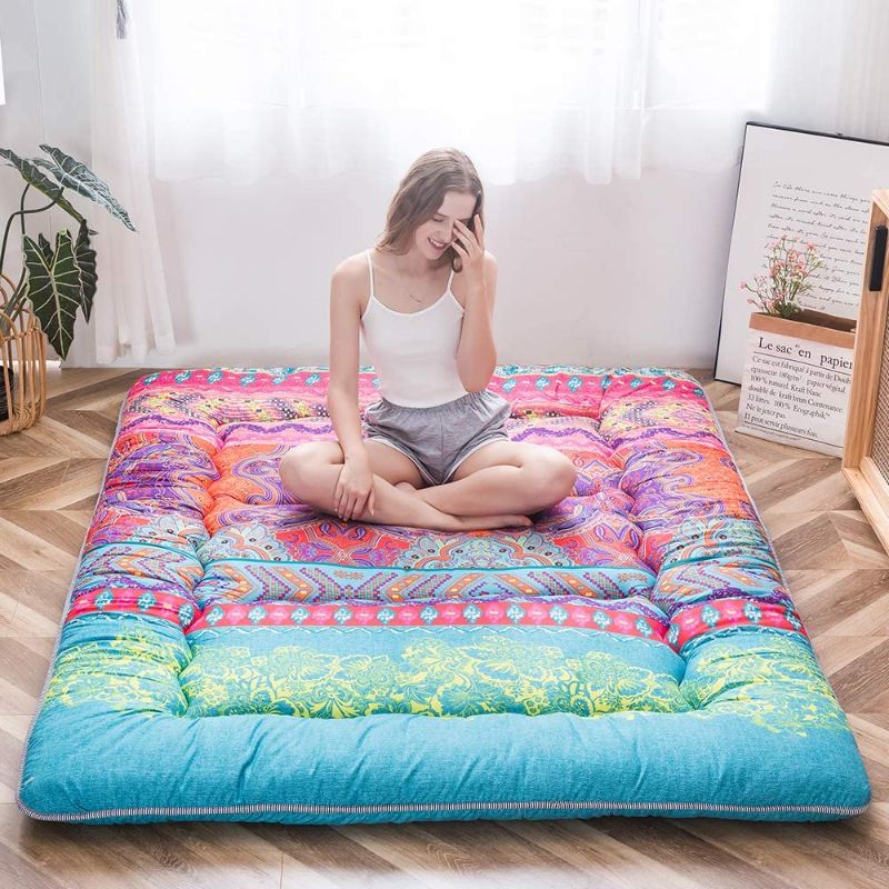 Photo 1 of Bohemian Futon Floor Mattress Boho Floral Style Japanese Futon Mattress Tatami Floor Mat Foldable Bed Portable Camping Mattress Sleeping Pad Floor Lounger Couch Bed Queen Size
