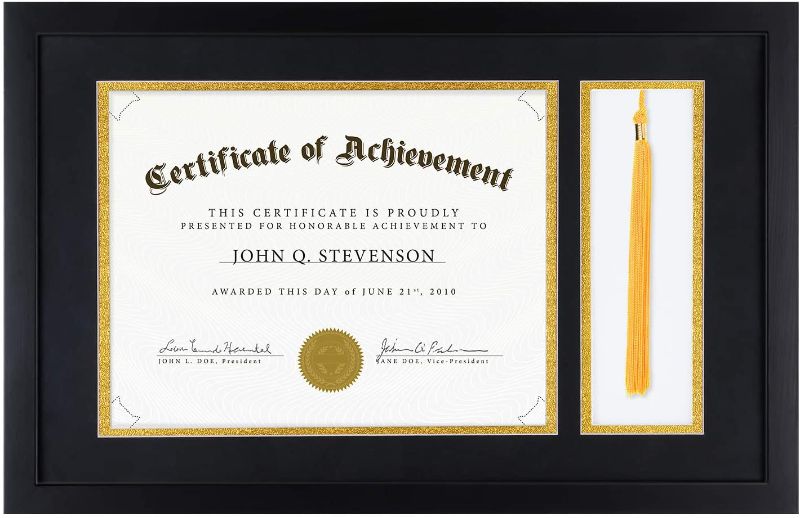 Photo 1 of BLACK ONE WALL Diploma Tassel Shadow Box 11.2x17.8 Inch Frame for 8.5x11 Certificate/Diploma/Graduation Document with Double Mat(Black Over Gold) & Tassel Hanger
