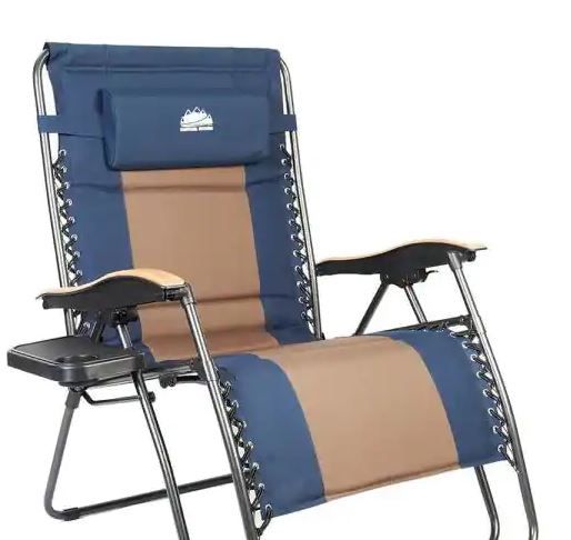 Photo 1 of 28" Steel Frame Outdoor Oversized Zero Gravity Chair with Navy Blue & Brown Cushion
