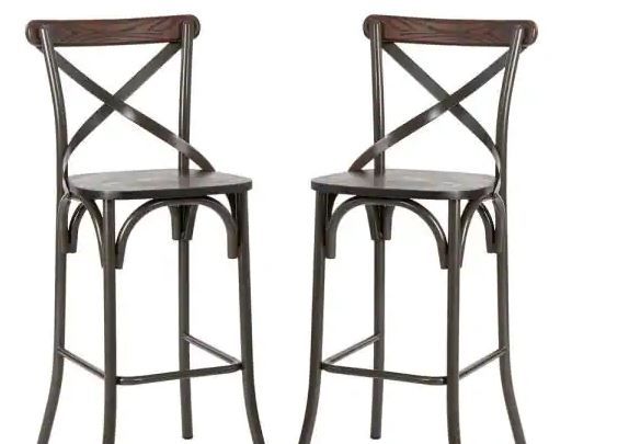 Photo 1 of 43.00 in. H Rustic Steel Brown Bar Stool with Solid Elm Wood Seat and Back Support, (Set of 2)
