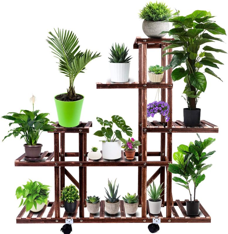 Photo 1 of Brightup Plant Stand, Wood Plant shelf with Detachable Wheels for Indoor Outdoor, 6 Tier 17 Pots Tall Wooden Plant Shelves Display Rack Holder in Garden Bathroom Office Living Room Balcony Patio Yard

