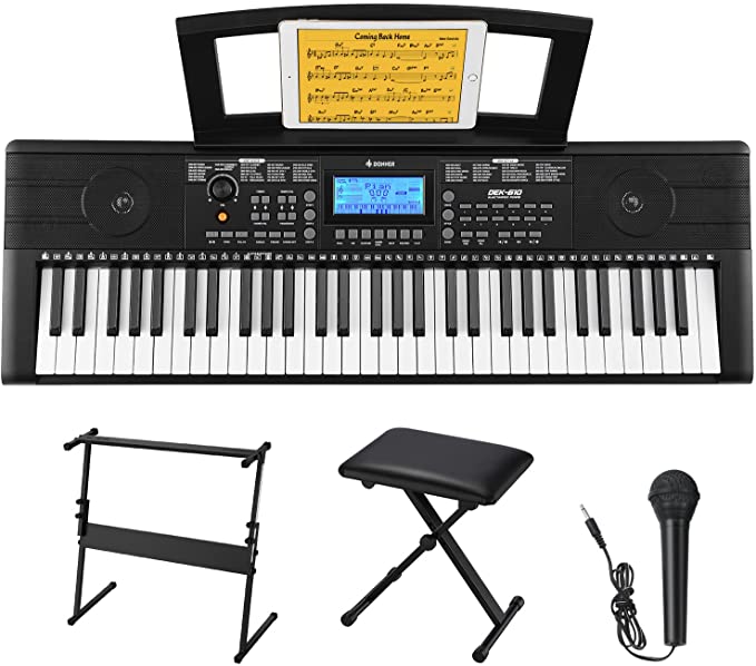 Photo 1 of Donner Keyboard Piano, 61 Key Piano Keyboard, Full Size Electric Piano with Piano Stand, Stool, Microphone and Piano Course App, Supports MP3/USB MIDI/Audio/Microphone/Headphones/Sustain Pedal