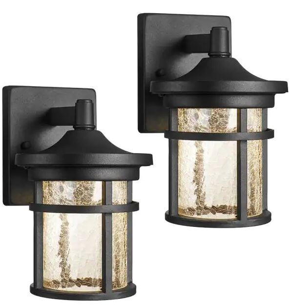 Photo 1 of 1-Light Black Non Solar Integrated LED Outdoor Wall Lantern Sconces with Crackle Glass Shade (2-Pack)
