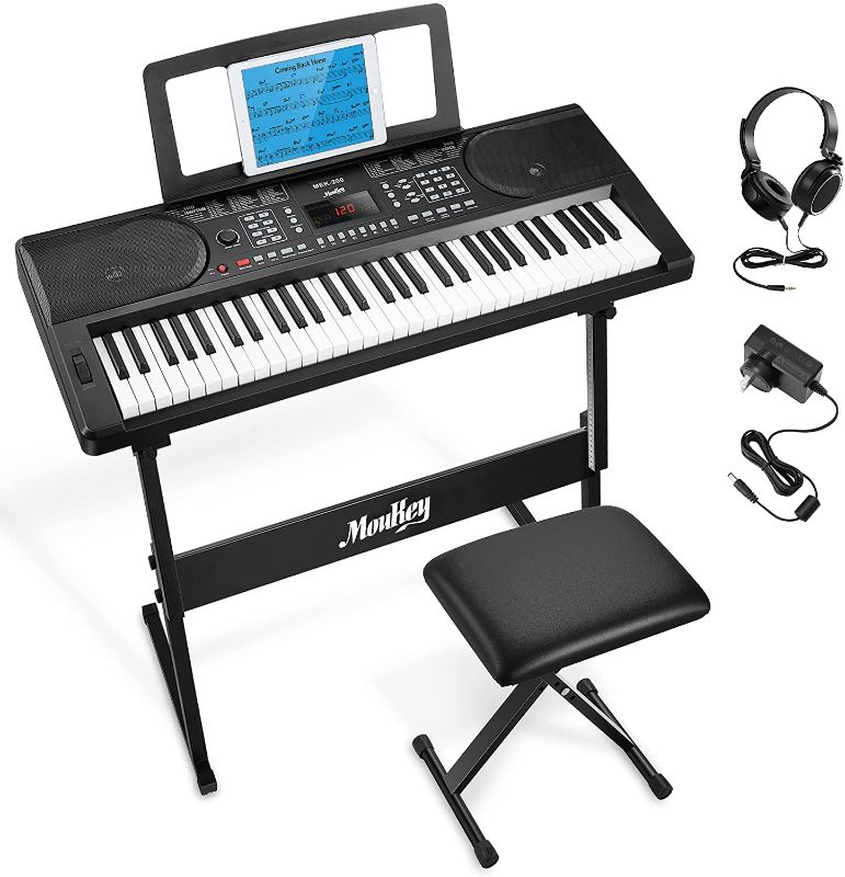 Photo 1 of Moukey Keyboard Piano, 61 Key Piano Keyboard, Full-Size Electric Piano, Superior Sound and Powerful Functions, Electric Keyboard with Digital Piano Stand, Music Stand, Bench and Headphones
