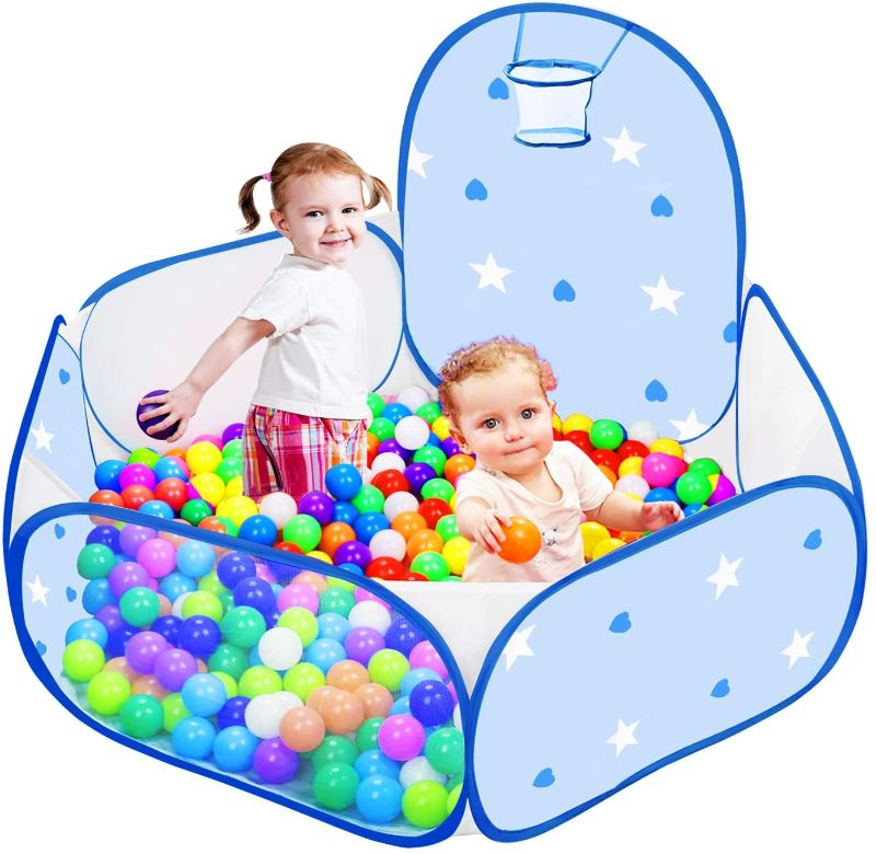 Photo 1 of Likorlove Kid Ball Pit with Basketball Hoop 4ft/120cm, 1-6 Years Child Toddler Ball Ocean Pool Tent with Zippered Storage Bag for Boys Girls (No Smell) Healthy Pop Up Star Play Tent (Blue)
