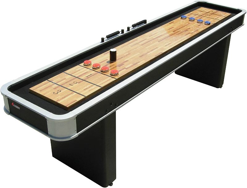 Photo 1 of Atomic 9’ Platinum Shuffleboard Table with Poly-coated Playing Surface for Smooth, Fast Puck Action and Pedestal Legs with Levelers for Optimum Stability and Level Play
