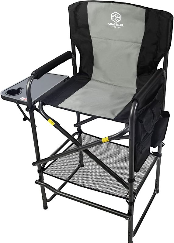 Photo 1 of Coastrail Outdoor Tall Directors Chair Foldable 30" Bar Height,Padded Comfort Big Camping Chair with Side Table & Storage Bag Footrest for Camping Artists Patio RV Studio,Supports 400 lb,Black
