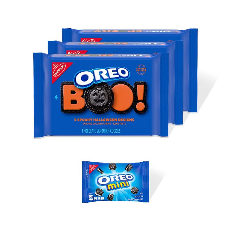 Photo 1 of OREO Orange Creme Halloween Chocolate Sandwich Cookies, 3 - 1.25 lb Packs + Bonus OREO Mini Chocolate Sandwich Cookies Snack Pack, Halloween Cookies best by 14 JAN 2022