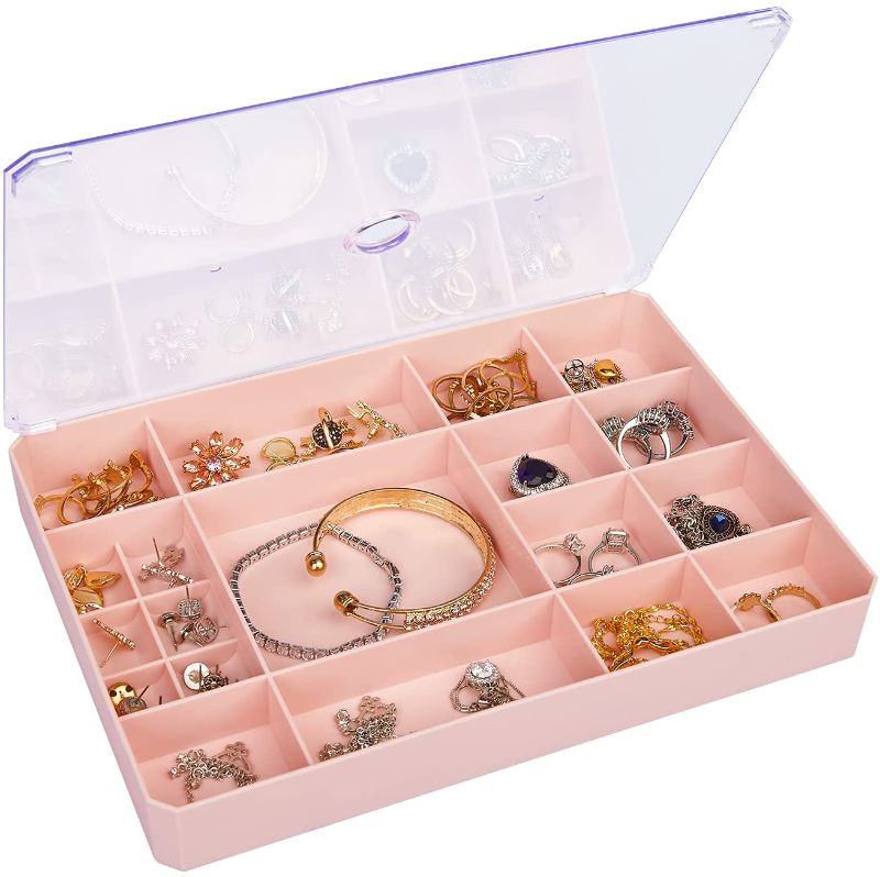 Photo 1 of 19 Grid Plastic Jewelry Organizer Box, Closet Dresser Drawer Organizer for Accessories, Gadgets & Cosmetics, Necklace Ring Earring Storage Display Showcase Holder Box (Pink)
