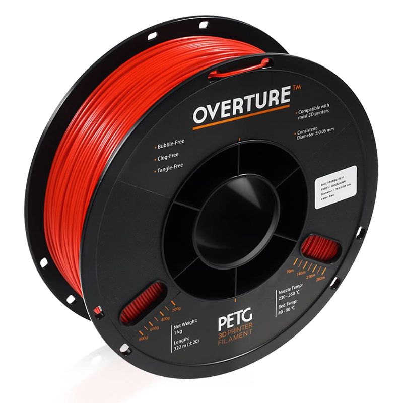 Photo 1 of OVERTURE PETG Filament 1.75mm, 3D Printer Consumables, 1kg Spool (2.2lbs), Dimensional Accuracy +/- 0.05 mm, Fit Most FDM Printer, Red

