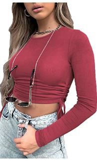 Photo 1 of LIYOHON Women's Cute Crop Top Long Sleeve Solid Color Drawstring Ruched Bodycon T-Shirt Fall Slim Fitted Tops
l