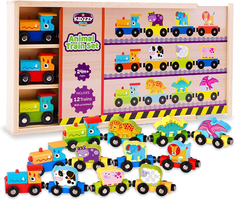 Photo 1 of Wooden Trains Set (21 PCS) with 3 Dinosaurs 3 Farm 3 Zoo Animals with Box and Cover - Train Toys Magnetic Set Toy Train Sets for Kids Toddler Gift Toy for 2 Year Old Boys and Girls and up
