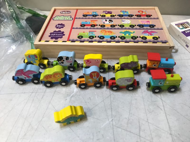 Photo 2 of Wooden Trains Set (21 PCS) with 3 Dinosaurs 3 Farm 3 Zoo Animals with Box and Cover - Train Toys Magnetic Set Toy Train Sets for Kids Toddler Gift Toy for 2 Year Old Boys and Girls and up
