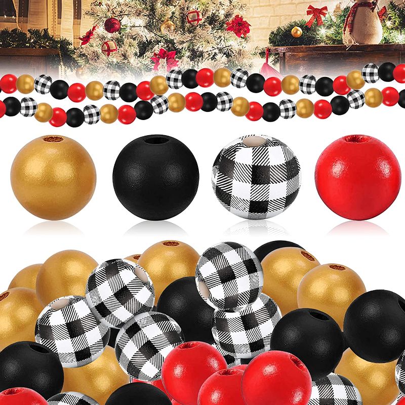 Photo 1 of 200 Pieces Christmas Wooden Beads for Crafts 16mm Farmhouse Wood Beads Buffalo Plaid Wood Beads Gold Red Black Hemp Rope Round Bead Natural Bead for Halloween Thanksgiving Garland Decorations -- 2 PCK
