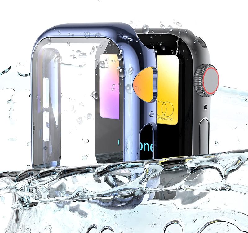 Photo 1 of AISIBY IP68 Waterproof Case Compatible for Apple Watch Series 6/5/4/SE 44mm with Built-in Tempered Glass Screen Protector Full Coverage Hard HD Clear Protective Film for Women Man(BLUE) 2 Pack