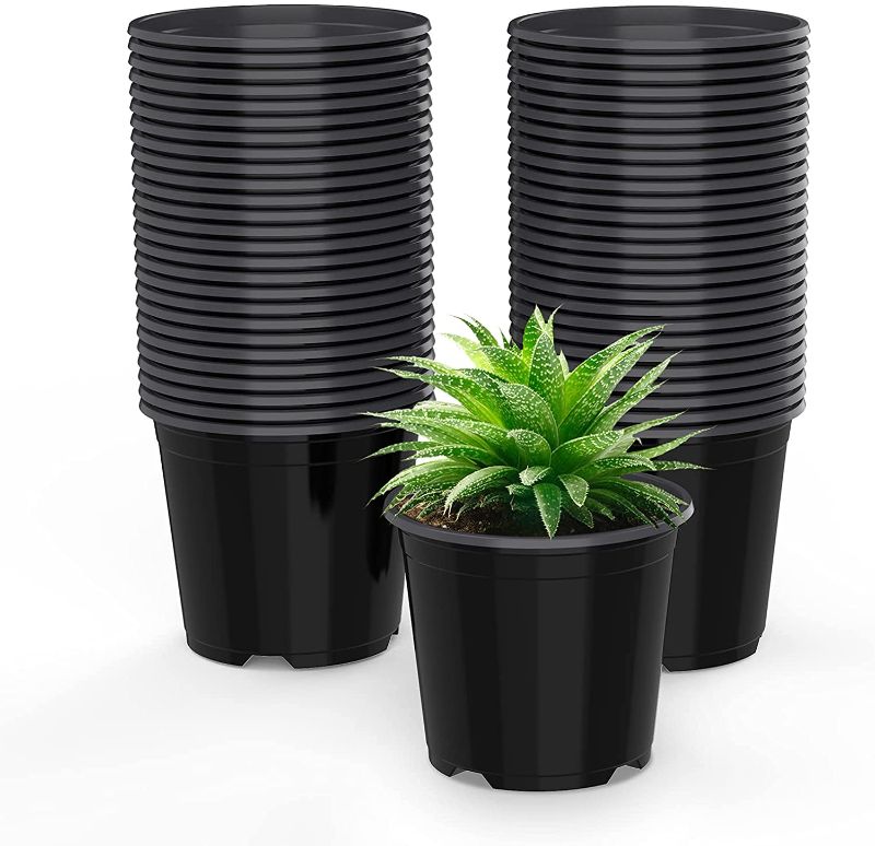 Photo 1 of DUNPUTE 4 5 6 Inch Nursery Pots, 50 Packs Seedling Pots with Drainage Hole, Plastic Plant Starting Containers for Seedling Cutting Transplanting (Black, 6 Inch)
