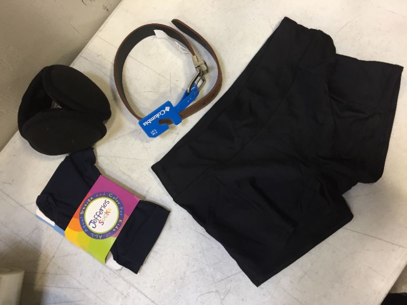 Photo 1 of bag lot misc items sold as is ear muffs / boys brown belt / girls spandex and leggings