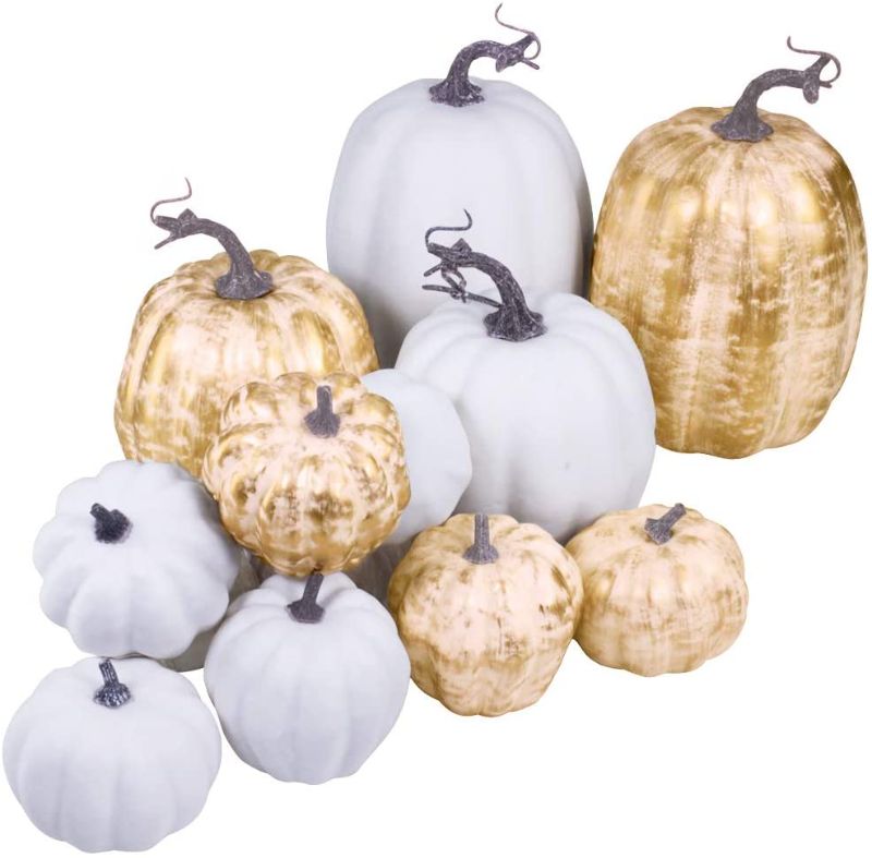 Photo 1 of 14 Pcs Assorted Fall Artificial Pumpkins Harvest Frosted Pumpkins Gold Brushed White Foam Pumpkins and White Faux Pumpkins for Fall Autumn Season Halloween Thanksgiving Harvest Holiday Season Festive
