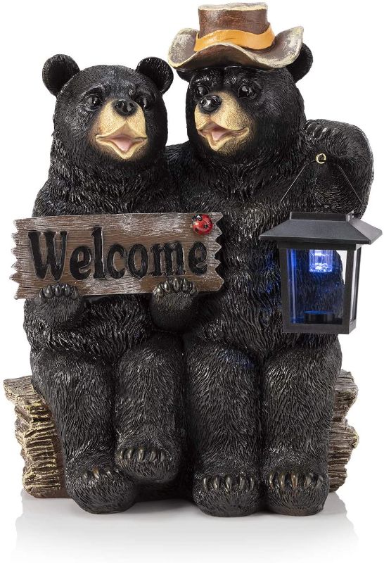 Photo 1 of Alpine Corporation 15" Tall Outdoor Bear Couple with Lantern and Welcome Sign Statue with Solar LED Light Yard Art Decoration