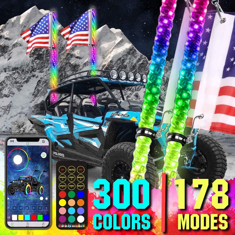 Photo 1 of Adust LED Whip Lights for UTV Dune Buggy 2PCS 4FT, Spiral RGB, 300 Colors, 178 Modes, Bluetooth Remote Control, Waterproof IP67 for Can-Am ATV UTV RZR Polaris Dune Buggy Offroad Truck Accessories