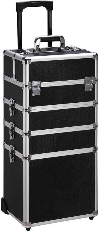 Photo 1 of  4 in 1 Aluminum Rolling Cosmetic Makeup Train Cases Trolley Professional Artist Train Case Organizer Box Lift Handle Lock 2 wheel 2 Keys Each Layer Total 8 Keys Makeup Luggage (Black)
