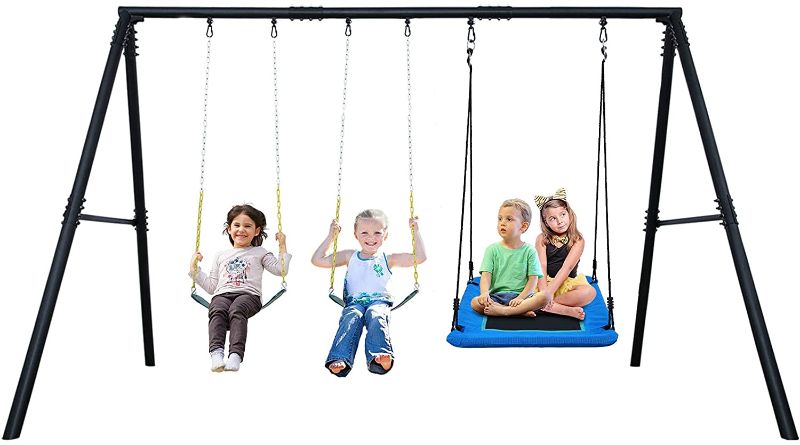 Photo 1 of 600lbs Heavy Duty Swing Set with 1 Platform Swing, 2 Belt Swings ,A Frame Metal Swing Set for Outdoor Backyard
