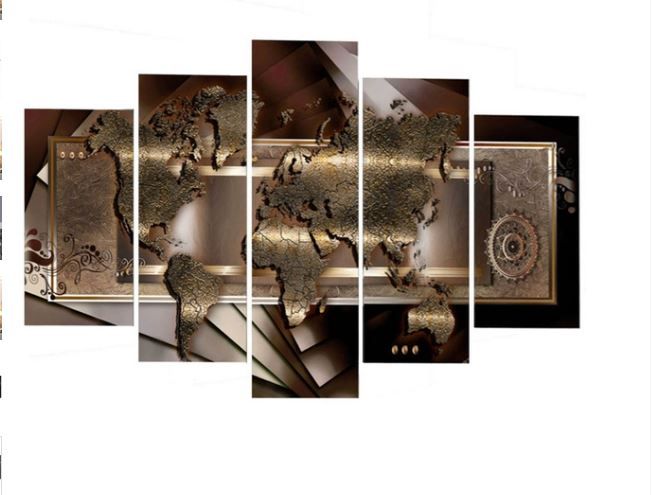 Photo 1 of 2 of a 5 Panel Wall Art Canvas Poster Painting Artwork Picture Abstract Gold World Map Home Decoration Decor Stretched Frame Ready to Hang--- unframed 78in x 39in--NEW 
